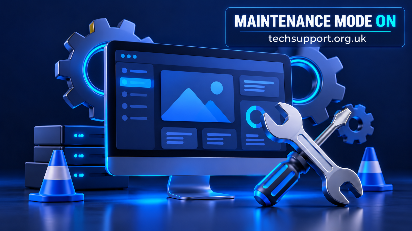 Illustration of a computer, gears and tools representing website maintenance